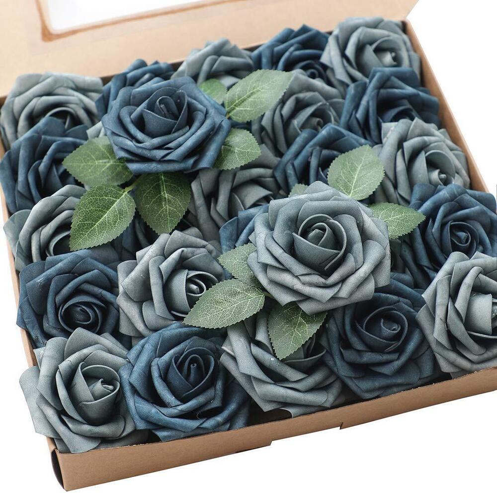 1441 Artificial Flowers 50pcs Real Looking Dusty Blue Foam Roses with Stems